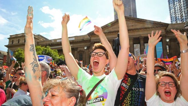 Same-sex marriage supporters celebrating the result in Melbourne