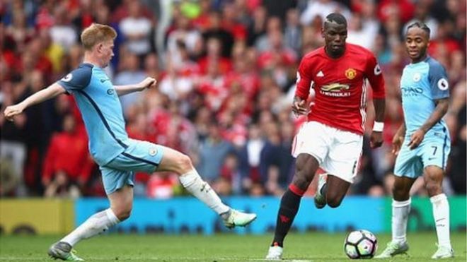 Mchezaji wa ManCity Kevin De Bryune na mwenzake wa man United Paul Pogba huku raheem sterling akiangalia