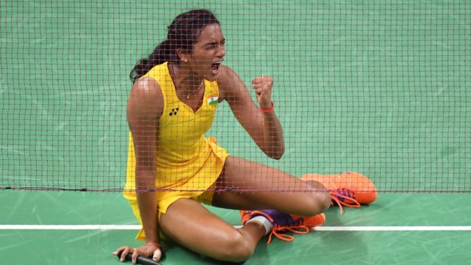 India's Pusarla V. Sindhu reacts after winning against China's Wang Yihan during their women's singles quarter-final badminton match at the Riocentro stadium in Rio de Janeiro on August 16, 2016