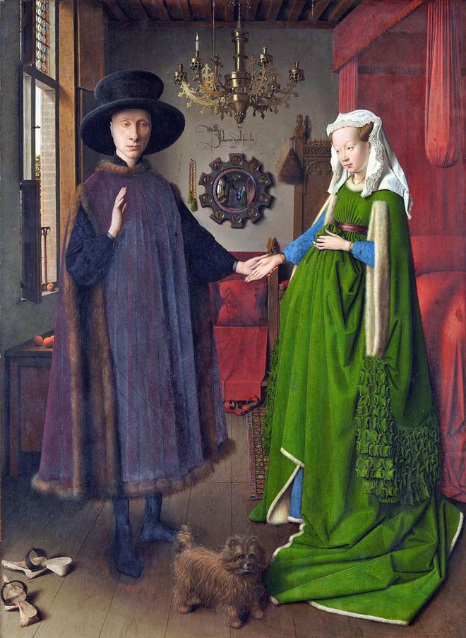 Retrato de Giovanni (?) Arnolfini y su esposa y 'El retrato de Arnolfini', pintado en 1434 por Jan van Eyck con oleo en roble, (82,2 x 60 cm) © The National Gallery, London