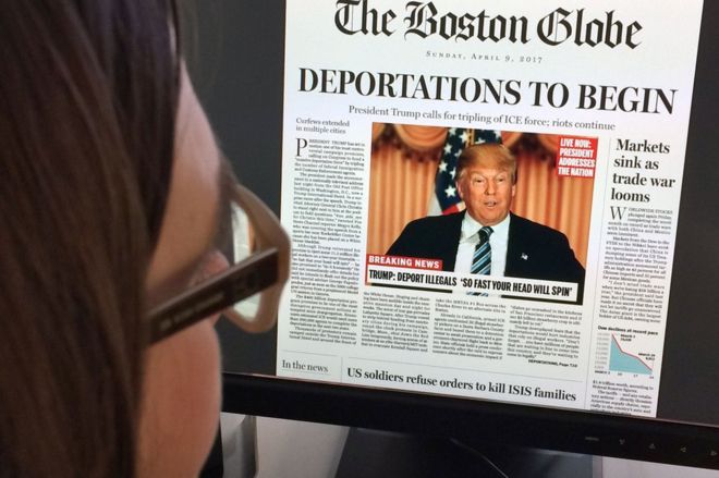 Portada falsa del diario Boston Globe que anuncia que el ahora presidente electo, el republicano Donald Trump, inicia las deportaciones de inmigrantes indocumentados.