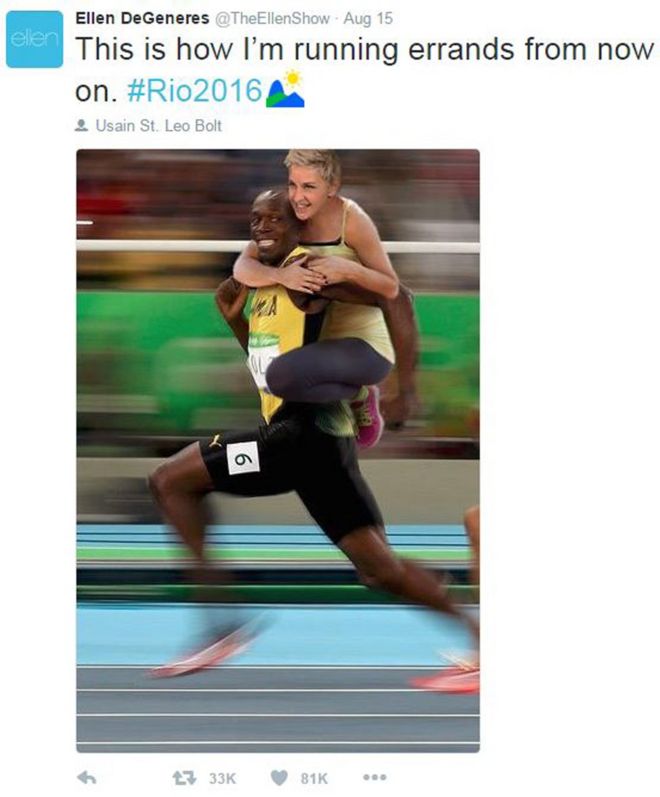 Un tuit de Ellen DeGeneres con un fotomontaje de ella sobre la espalda de Usain Bolt y el texto: 