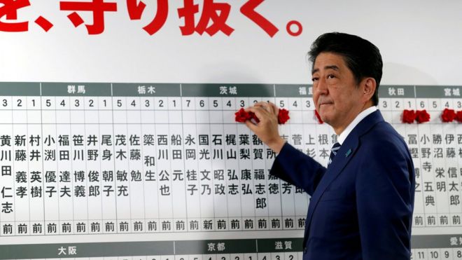 Prime Minister Shinzo Abe looks on as he puts a rosette on the name of a candidate who is expected to win the lower house election