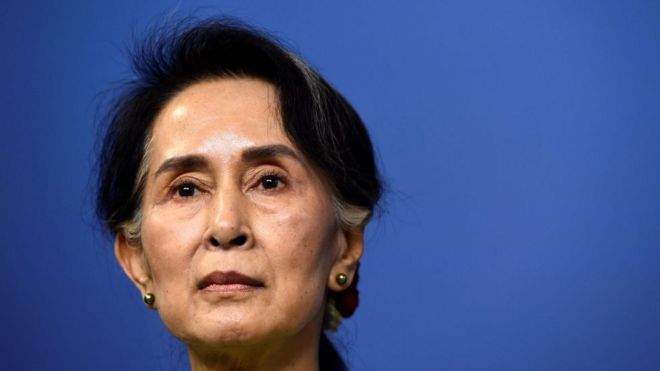 Myanmar's State Counsellor Aung San Suu Kyi speaks during a joint a press conference with Sweden's Prime minister at the Rosenbad government office on 12 June 2017 in Stockholm, Sweden.