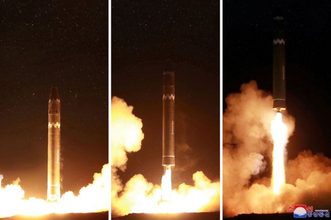 This photo taken on 29 November 2017 and released on 30 November 2017 by North Korea's official Korean Central News Agency (KCNA) shows launching of the Hwasong-15 missile which is capable of reaching all parts of the US.