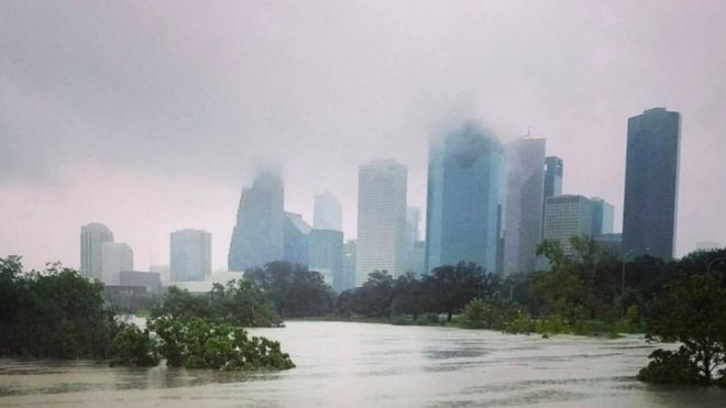 Mist covers central Houston after Hurricane Harvey inundated the Texas Gulf coast with rain and caused widespread flooding (27 August 2017)