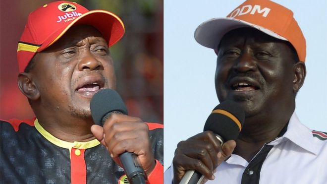 Uhuru Kenyatta (left), Kenya's president, is locked in a tight race with opposition leader Raila Odinga (pictured right).