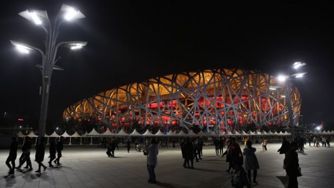 A view of the National Stadium (Bird's Nest) moments before Earth Hour in Beijing, China, 24 March 2018.