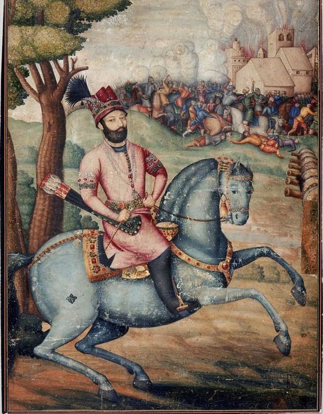 Nader Sah a caballo en Delhi, posiblemente pintado por Muhammad Ali ibn Abd al-Bayg ibn Ali Quli Jabbadar. Museum of Fine Arts Boston.