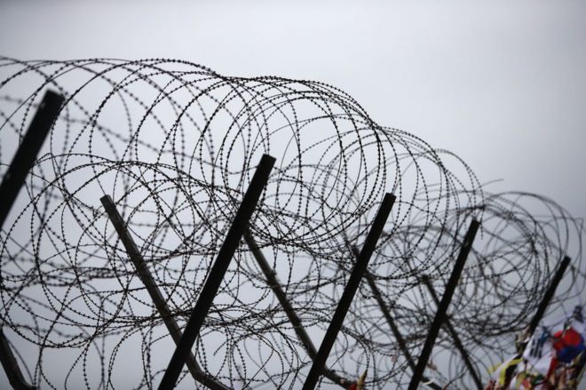 Barbed wire fence at the Imjingak, near the Demilitarized zone (DMZ) separating South and North Korea on 14 April 2017 in Paju, South Korea.