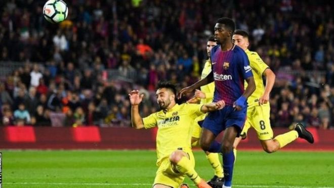 Dembele akifunga mojawapo ya mabao yake mawili katika mechi dhidi ya Villareal ambayo Barcelona ilipata ushindi wa 5-1