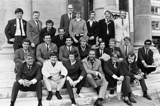 Picture shows - Mr Robin Scott, Controller of the Light Programme, who will be in charge of Radio One and Radio Two, to be inaugurated on September 30th 1967, standing behind disc jockeys (DJs) who will feature in his programme. Disc Jockeys photographed outside All Souls Church, Langham Place, as BBC Radio 1 (Radio One) and Radio 2 (Radio Two) networks announce their line-ups near BBC Broadcasting House, September 4th 1967. Photographed Front Row (l-r) : Pete Murray, Ed Stewart, Pete Drummond, Mike Raven, Mike Ahern and John Peel. Middle Row : Bob Holness, Terry Wogan, Barry Alldis, Mike Lennox, Keith Skues, Chris Denning, Johnny Moran and Peter Myers. Back Row : Tony Blackburn, Jimmy Young, Kenny Everett, Duncan Johnson, Robin Scott, David Ryder, Dave Cash, Pete Brady and David Symonds.