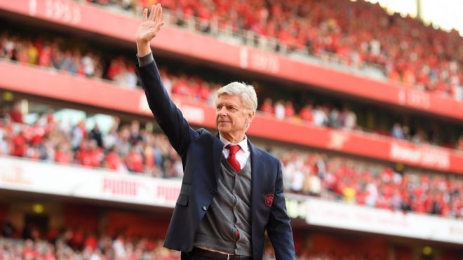 Arsenal manager Arsene Wenger waves farewell to the Arsenal fans at the end of the Premier League match between Arsenal and Burnley at Emirates Stadium on May 6, 2018 in London, England.