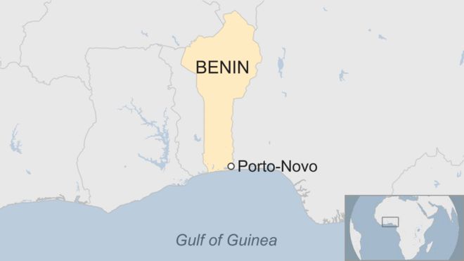 Map showing Benin, its capital, Porto-Novo, and the Gulf of Guinea