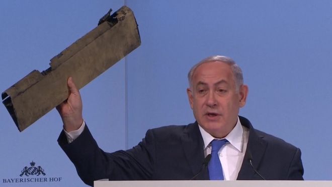 Netanyahu brandishes Iranian drone fragment