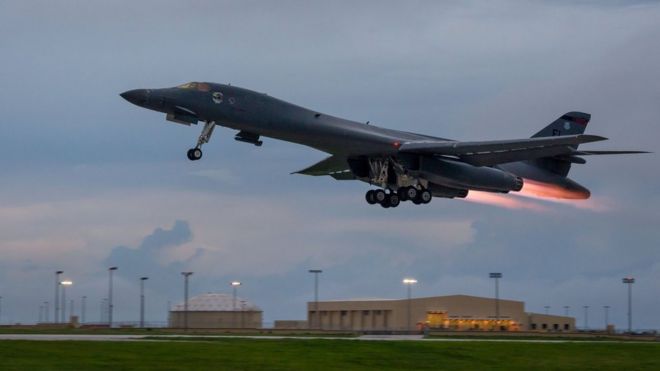 In this US Air Force image obtained from the US Defense Department, a US Air Force B-1B Lancers takes off from Andersen Air Force Base, Guam, 10 October 2017