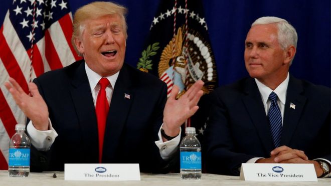 President Donald Trump with Vice-President Mike Pence in Bedminster, New Jersey, on 10 August 2017