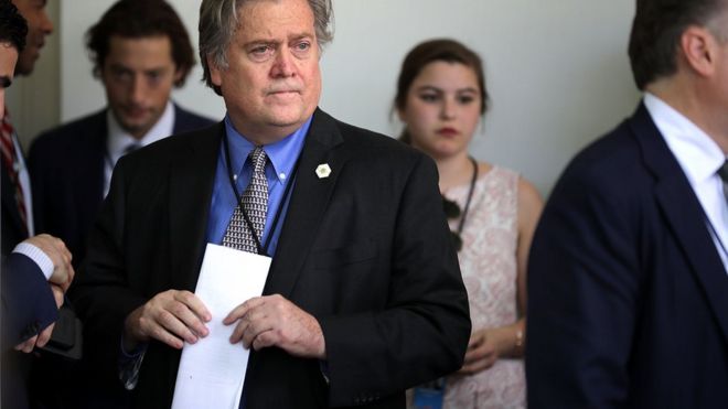 Senior Counselor to the President Steve Bannon helps with last minute preparations before President Donald Trump announces his decision to pull out of the Paris climate agreement at the White House June 1, 2017 in Washington, DC.
