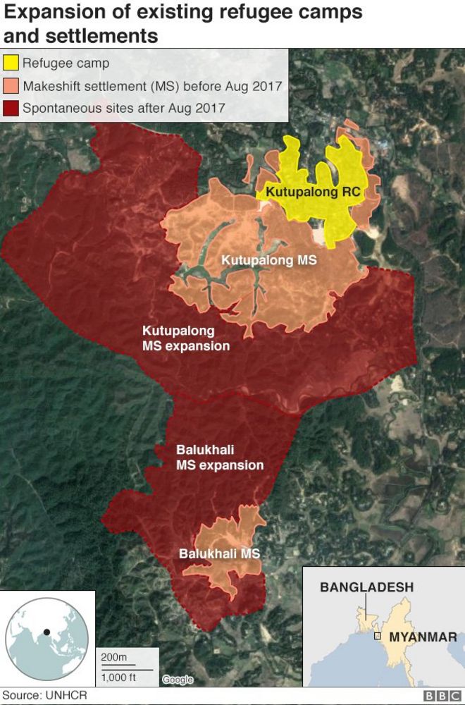 Map showing growth of Kutupalong and Balukhali refugee settlements since August 2017