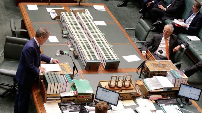 Opposition leader Bill Shorten speaks while Prime Minister Malcolm Turnbull looks on in Australia's lower house