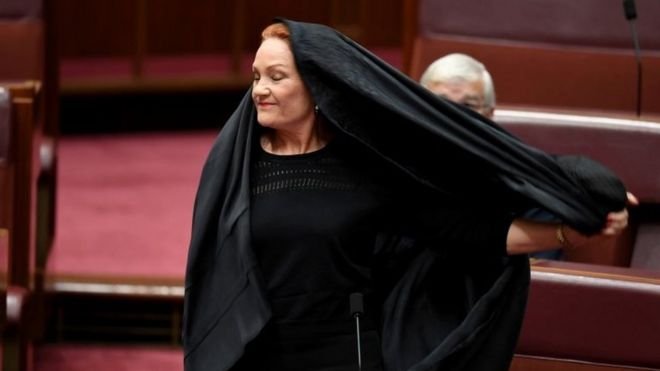 Pauline Hanson removes a burka in Austalia's Senate last month