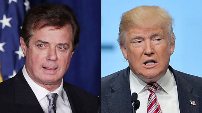 Paul Manafort (L) resigned as campaign chairman for Republican presidential nominee Donald Trump (R).