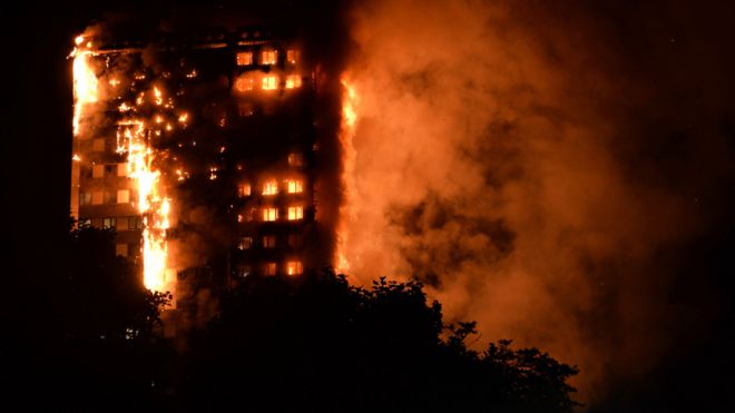 The fire brigade said 40 fire engines and 200 firefighters had been called to the blaze in Grenfell Tower