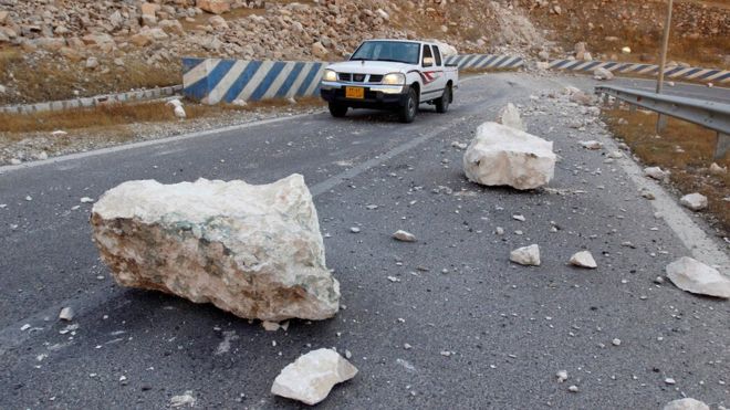 Rocks are seen on the road after an earthquake near the Darbandikhan Dam, close the city of Sulaimaniyah, Iraq - 13 November 2017