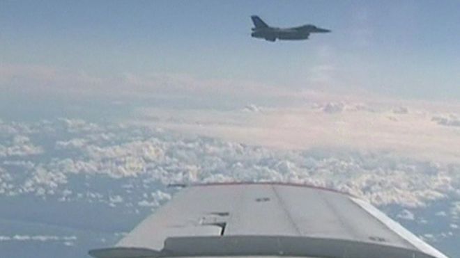 Screengrab purportedly showing a Nato fighter jet close to a Russian plane carrying the defence minister