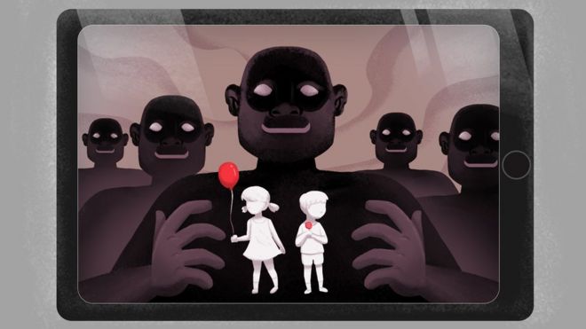 Ilustração de cinco vultos escuros atrás de duas crianças, sendo uma menina com um balão (esq.) e um menino com um pirulito (dir,)