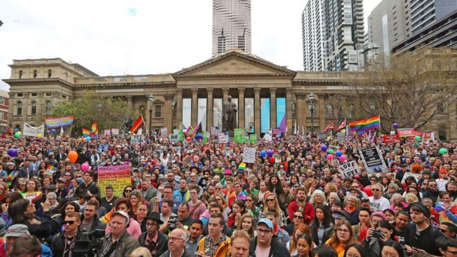 Same-sex marriage advocates hold a rally in Melbourne last month