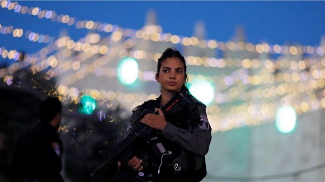 An Israeli policewoman on duty in Jerusalem, 16 June