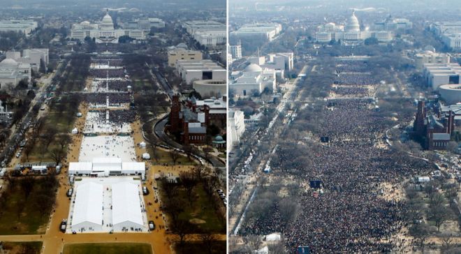 Aerial shots of Trump and Obama events