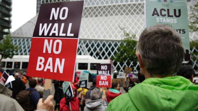 People protest outside 9th US Circuit Court of Appeals over US President Donald Trump's revised travel ban in Seattle, Washington on May 15, 2017