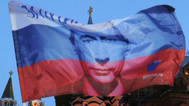 Russian flag with Putin's face on