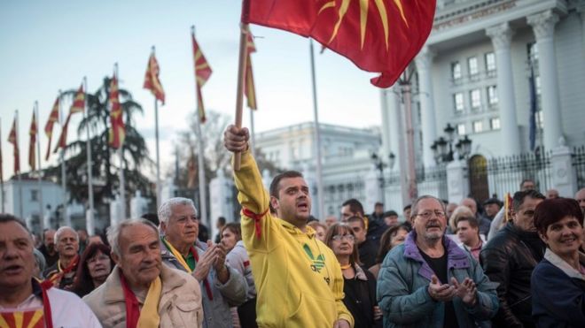 Protesters in Skopje demonstrate against the coalition deal
