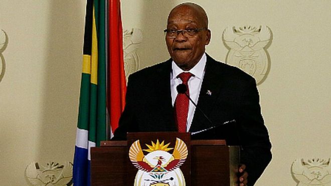 President of South Africa Jacob Zuma addresses the nation at the Union Buildings in Pretoria on February 14, 2018.