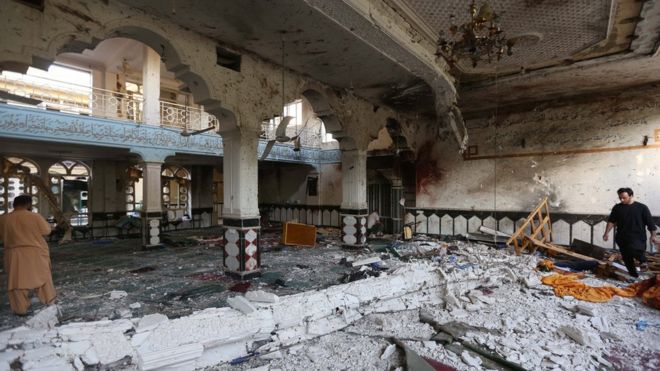 The mosque in the Afghan city of Herat was severely damaged in the suicide bomb attack, 2 August 2017