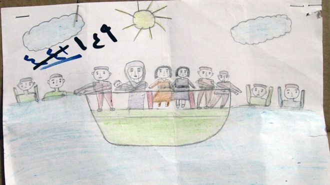 Desenho feito por uma crianÃ§a mostra uma embarcaÃ§Ã£o no mar com um grupo de pessoas Ã  bordo e outras na Ã¡gua ao redor