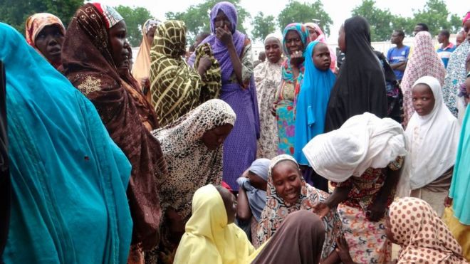 Mourners react on July 24, 2017, in the Dalori IDP (Internally Displaced People) camp outside Maiduguri, after a suicide bomb attack that killed four