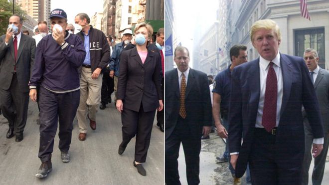 Hillary Rodham Clinton participates on a tours of the site of the World Trade Center disaster on 12 September 2001. / Donald Trump speaks outside the New York Stock Exchange a week after 9/11.