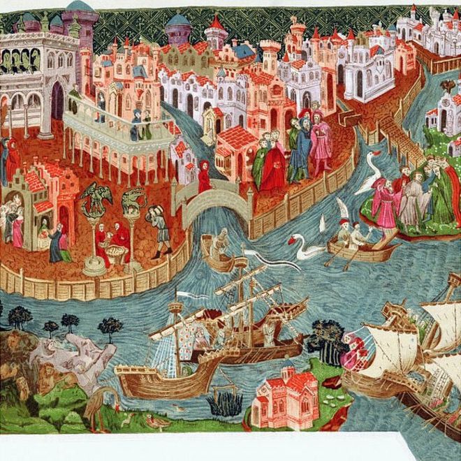 Pintura que retrata a partida da expedição de Marco Polo e seus tios