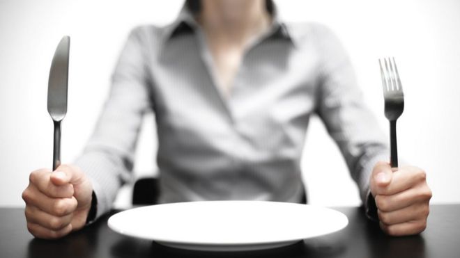 Mujer sentada frente a un plato vacÃ­o y empuÃ±ando un cuchillo y un tenedor