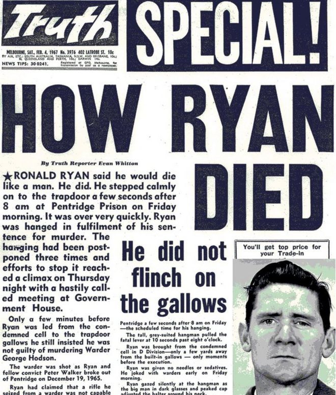 Front page of the Melbourne Truth newspaper on Saturday 4 Feb 1967, reporting Ronald Ryan's hanging.