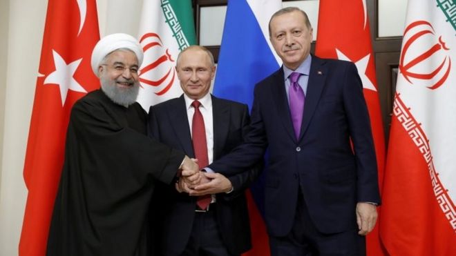 İran Cumhurbaşkanı Hasan Ruhani, Rusya Devlet Başkanı Vladimr Putin ve Cumhurbaşkanı Recep Tayyip Erdoğan