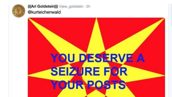 The red and yellow picture with blue lettering tweet which allegedly caused the seizure