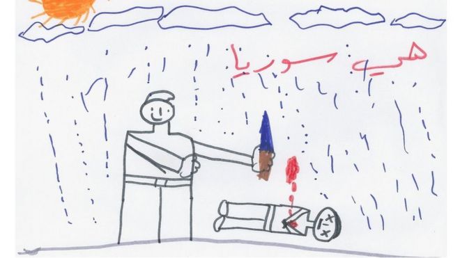 Este desenho mostra um adulto de pé ao lado de um cadáver. "Isto é a Síria", diz a frase escrita acima do desenho.