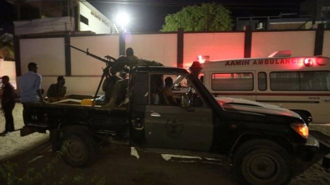 Security forces and an ambulance at the scene of the attack in Mogadishu. Photo: 14 June 2017