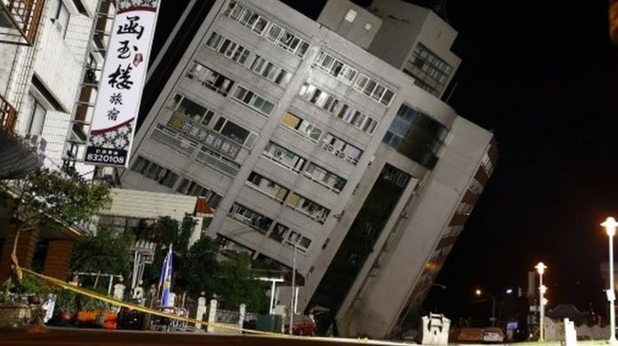 Hotel tilting after earthquake in Hualien, Taiwan, 6 February