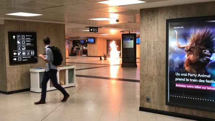 Fire is seen at Brussels central station in Brussels, Belgium June 20, 2017